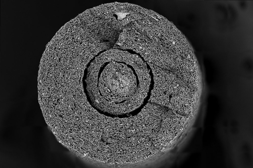 This image SEM image shows a cross-sectional image of an electrospun nerve graft made out of three distinctive layers of poly(lactic acid) fibers. Electrospinning has the innate capability to biomimic different morphologies that are found on native tissue. Artificial nerve grafts are one of the many possibilities of microstructure that can be made with the Fluidnatek technology and the electrospinning technique.